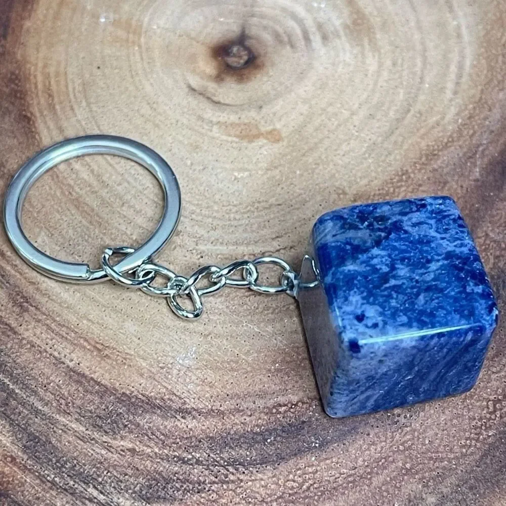 Lapis Lazuli cube keychain key ring pendant chain NEW hand crafted
